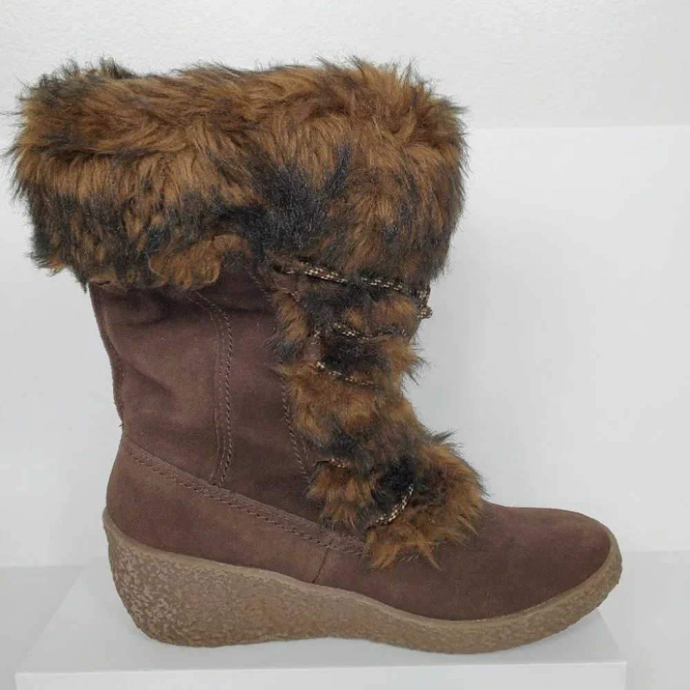 Brilliant Brown Leather Wedge Waterproof Boots Size 8M